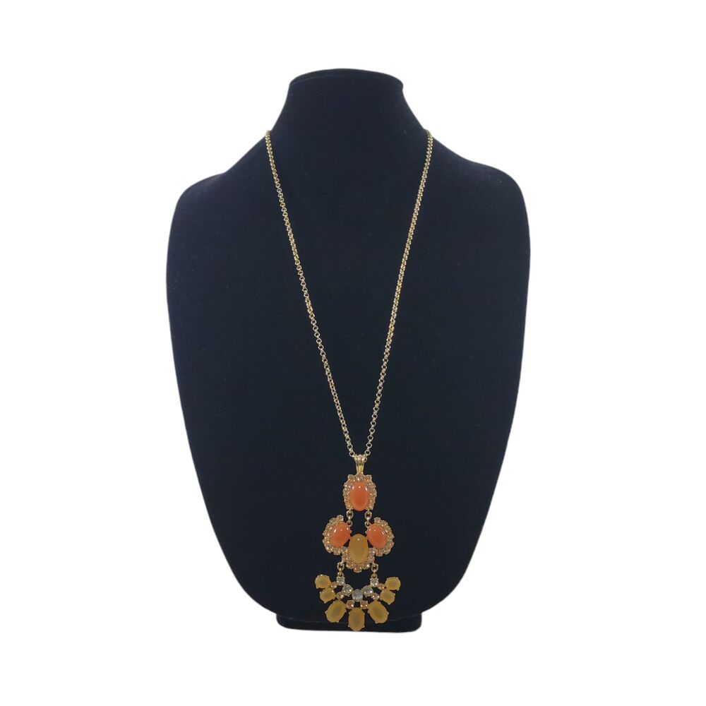 J. Crew 30" Long 18" Drop Pendant Necklace Orange Gold Rhinestone Opera Length